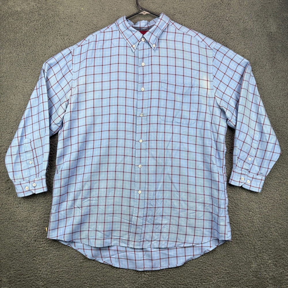 Harold Powell Mens XL Blue Red Plaid Silk Tencel Button Down Dress Shirt